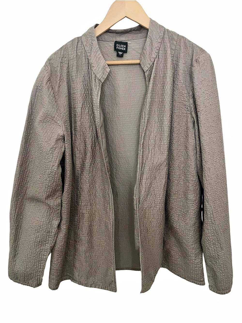 Eileen Fisher 100% Tussah Silk Open Front Jacket Large Crinkle Silver Gray